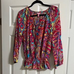 Lilly Pulitzer Colorful Silk Long Sleeve Paisley Balloon Sleeve Tie Blouse M